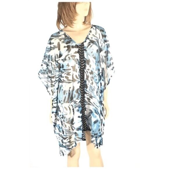 Swim Cover Up Dress Caftan Women One Size Poncho Black Blue Animal Print - Picture 2 of 3